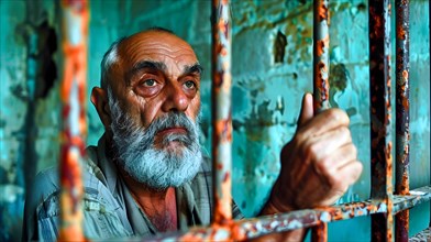 An elderly man with a grey beard and short hair stands in a prison cell and looks through the bars