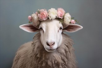 Sheep with flowers on head in front of gray blue studio background. KI generiert, generiert AI