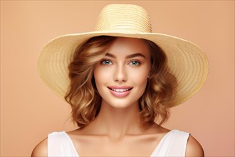 Portrait of young woman with summer straw hat in front of beige studio background. KI generiert,