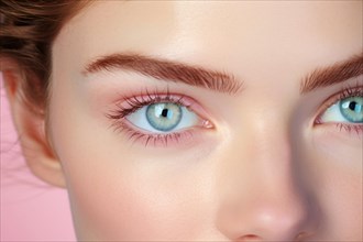 Close up of woman's light blue eyes with pink eyeshadow makeup. KI generiert, generiert AI