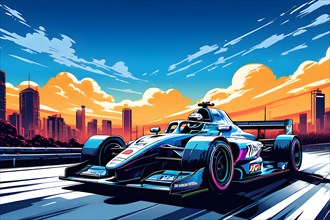Formula race car on race track, neon color line art, AI generated