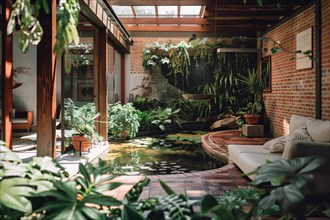 Tranquil indoor garden space with lush greenery, a pond, and comforting natural light, AI generated