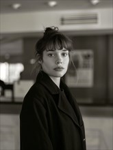 Portrait of a young woman with a serious expression in black and white, AI generated