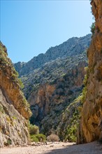 Torrent de Pareis, hikers walk through a sun-drenched gorge of a dried-up riverbed in the mountains