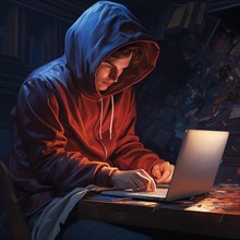 Illustration, teenager with hoodie in gloomy surroundings sitting at a laptop, symbolic image for