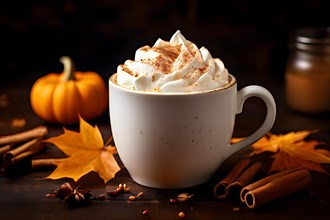 Seasonal mug cradles pumpkin spice latte capped with whipped cream cinnamon dusting grace the top,