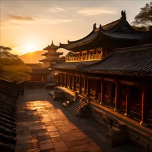 Shaolin temple at sunset, AI generated