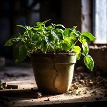 Flourishing green plant bursting with vitality from within a cracked clay pot emulating resilience,