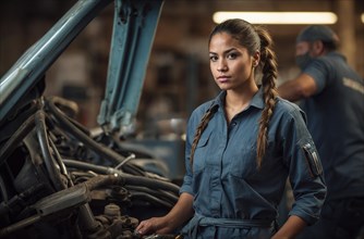 A concentrated female mechanic with braided hair works on a car engine in a garage, blurry