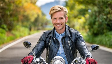 AI generated, EA young man rides his motorbike through an autumn landscape