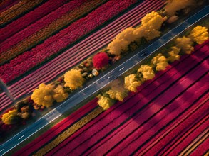 Tulip fields unfurl below in a mesmerizing grid swathes of red yellow pink and purple blooms, AI