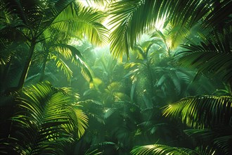 Sunlight filtering through dense tropical jungle foliage, AI generated