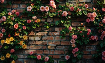 Sunlight illuminates a brick wall adorned with climbing roses and green leaves AI generated
