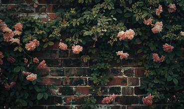 Dense green foliage and pink roses take over the surface of an old brick wall AI generated