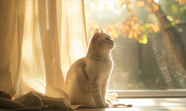 A tranquil cat enjoying warm window light in a cozy home setting AI generated