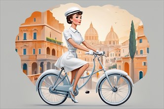 Retro-styled illustration of a woman cycling in front of iconic Rome architecture, 1960's dolce