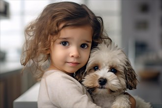 Young girl child hugging her pet dog. KI generiert, generiert AI generated