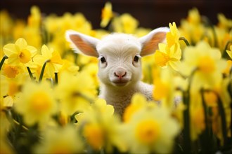 Young Easter lamb in field of yellow Daffodil spring flowers. KI generiert, generiert AI generated