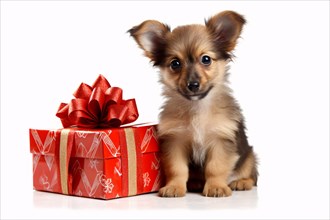 Small dog puppy next to red Christmas gift box on white background. KI generiert, generiert AI