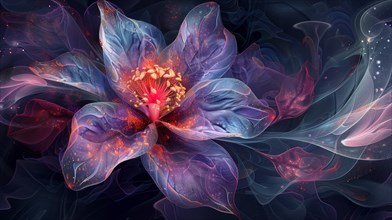 Ethereal blue and purple glowing abstract flower created with digital fractal art, ai generated, AI