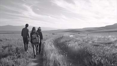 A friends walks through a field towards the wide-open horizon, AI generated