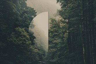 Ethereal and foggy forest with a surreal arch-like opening that creates a sense of mystery, AI