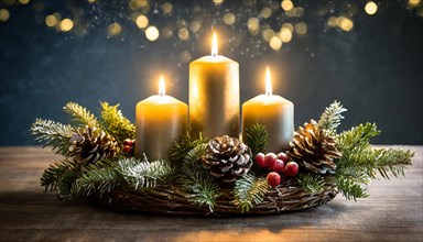 Ai generated, Advent wreath with burning candles, Christmas time, Christmas decoration, 3rd Advent,