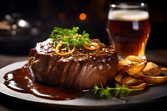 Juicy beef steak with golden brown fried onions on a glistening dark beer sauce, AI produced, AI