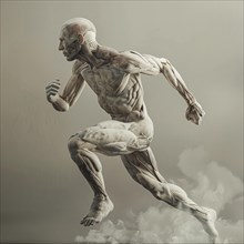 Greyscale image of an anatomical model in running activity with shadow effect, AI generated, AI