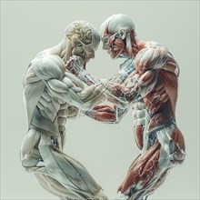 Two digital figures show a comparison of forces with emphasised muscle anatomy, AI generated, AI