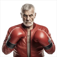 An older man with boxing gloves looks confidently and resolutely into the camera, symbolic image