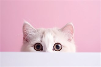 Cute cat with large eyes peeking above white table on pastel pink studio background. KI generiert,