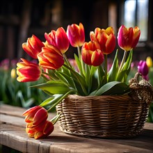 Basket brimming with vibrant freshly picked tulips, AI generated