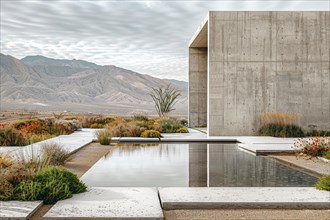 Contemporary architecture featuring water pools with reflections in a desert with overcast skies,