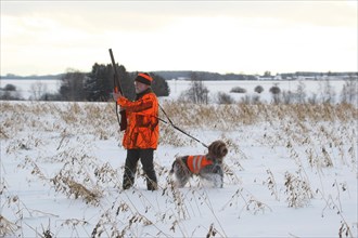 Hunter with hunting dog Griffon on a snow-covered field on the occasion of a hare hunt, Allgaeu,