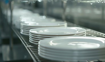 Rows of clean white dishes on metal racks in an industrial or restaurant setting AI generated
