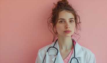 A poised woman in a medical coat with a stethoscope against a pink background AI generated