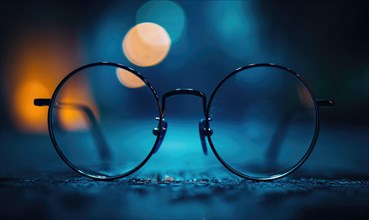 Round eyeglasses on a pavement with blurry city lights in the background at night AI generated