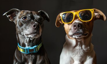 Two dogs pose for the camera, one wearing yellow sunglasses, against a black backdrop AI generated