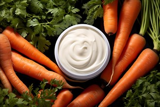 Top view of pot of facial cream surrounded by carrots. KI generiert, generiert AI generated