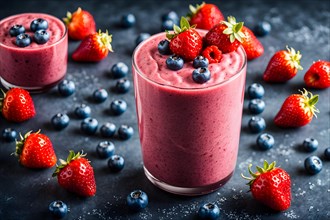 Rich berry smoothie boasting layers of blueberries strawberries raspberries crowned with chiasee,