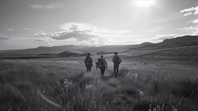 Three cowboys walk across a field with mountains in the backdrop at sunset, AI generated