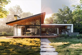 Modern house with large windows surrounded by forest bathed in sunlight, AI generated