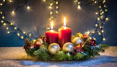 Ai generated, Advent wreath with burning candles, Christmas time, Christmas decoration, Second