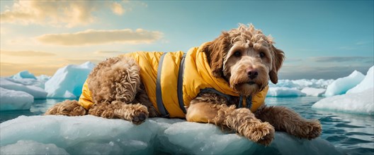 Labradoodle Dog in a yellow puffer vest jacket lying peacefully on an ice floe, alone isolated in