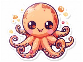 An adorable orange cartoon octopus with a cheerful expression surrounded by bubbles, ai generated,