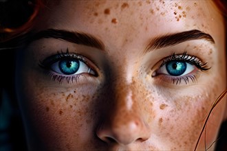 A close up of a persons freckled face, AI generated