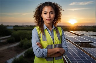 Thoughtful woman standing in front of solar panels at sunset, climate change agenda concept, AI