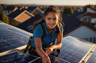Energetic young woman setting up solar panels on a rooftop during golden hour, women at heavy