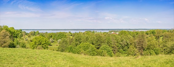 Panoramic view from a hill over a green lush deciduous forest with a lake on the horizon at a